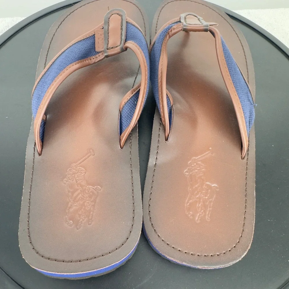 Polo Ralph Lauren Sullivan Men 12D Brown Navy Leather Webbing Flip Flop Sandals